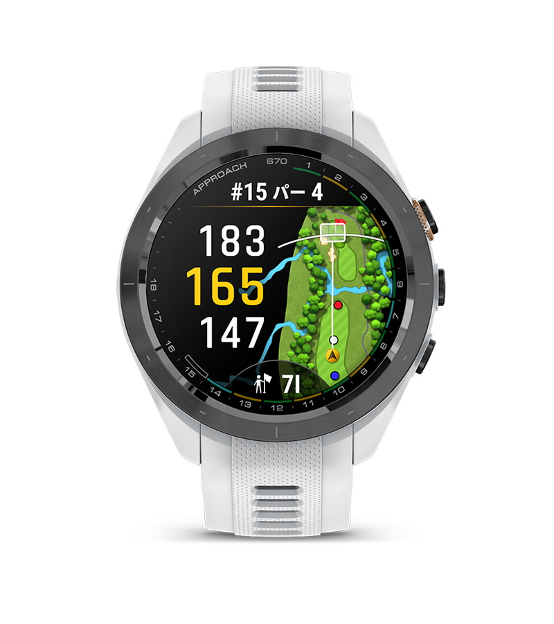 【 GARMIN 】最新のスマートウォッチとは…？プロアスリートも選ぶ！ゴルフGPSウォッチのプレミアムモデル。-鹿児島店からのお知らせ -ApproachS70S_White_front_VirtualCaddieShotDisplay