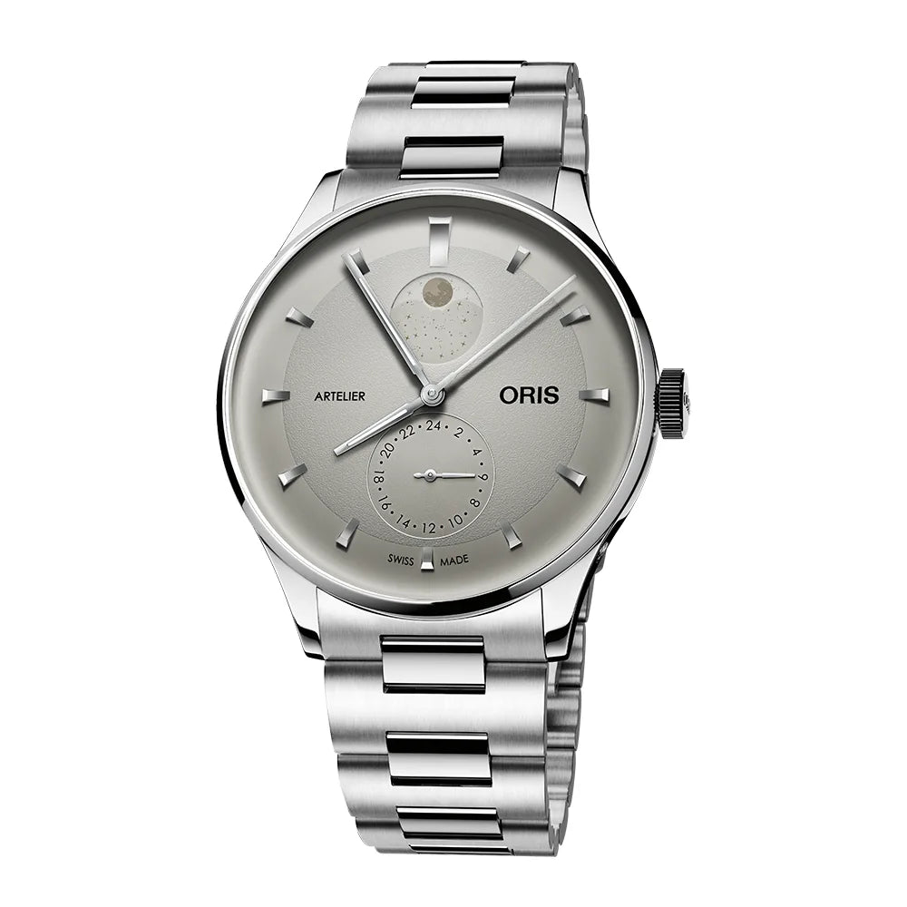 オリス ORIS 腕時計 アートリエ コンプリケーション 01 781 7729 4051-07 8 21 88 デイデイト ムーンフェイズ 裏スケ GMT ギョーシェ グレー文字盤 SS 自動巻き 【箱・保付き】 【中古】 アートリエ コンプリケーション - 01 782 7811 4051-07 8 20 20